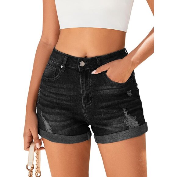 Women's Ripped Denim Shorts Stretchy High-Waisted Casual Summer with Pockets